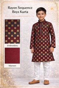 Kurta de Rayón para Niños con Bordado a Cuadros Color Granate, Ropa Tradicional Étnica para Bodas, Ropa Infantil de la India - Product Image 2