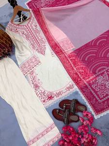 Ensemble Kurta traditionnel en coton pour femmes avec broderie bleue, coupe ample, longueur cheville, style Inde Pakistan, vêtements décontractés - Product Image 5