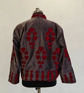 Blazer en velours matelassé brodé à la main pour femme, col mandarin, manches trois quarts, motif floral en coton, vêtement d'extérieur automne-hiver - Product Image 5