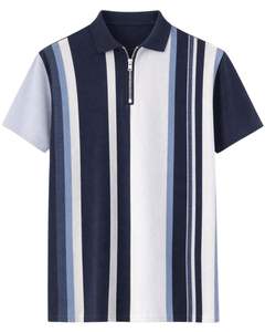 Manufacturer Mens Half Zip <b>Polo</b> <b>Shirt</b> <b>Navy</b> <b>Blue</b> And White Vertical Stripe Short Sleeve Casual Knit Top Custom Manufacturer OEM - Product Image 1