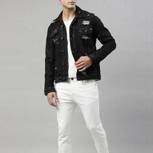 Chaqueta de mezclilla negra para hombre, corte ajustado, cuello vuelto, desgastada, casual, para otoño/invierno, manga regular, abotonadura sencilla - Product Image 5