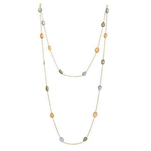 18K Yellow Gold Multi Sapphire Station <b>Necklace</b>-Classic Beaded <b>Chain</b> - Product Image 6