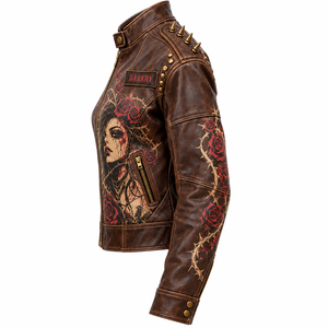 Distressed Brown Leather <b>Jacket</b> <b>Womens</b> Gothic Rose Girl Print Spiked Stud Collar Zip Biker Coat Custom Manufacturing Offer - Product Image 4