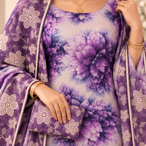 Tissu imprimé floral de luxe violet suisse Dirac 100 % polyester avec dentelle brodée pour tenue de mariage et de fête - Product Image 2