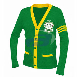 Suéter Cárdigan de la Hermandad Chi Eta Phi, Verde Tejido con Rayas Amarillas y Logotipo Bordado, Ropa de la Hermandad CEPhi Griega - Product Image 3
