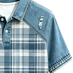 Chemise en denim contrastant à carreaux en polyester/coton pour homme, bleu et blanc, manches courtes, coupe classique, décontractée, respirante, tricotée, pour le golf, été - Product Image 3