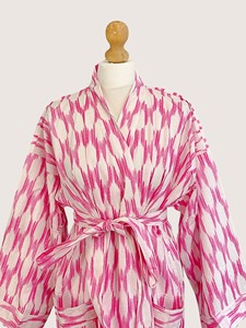 Bata Larga para Mujer, Estampado Geométrico Rosa, Manga Larga, Cuello en V, Suave, Informal, para Primavera, 100% Algodón Tejido - Product Image 3