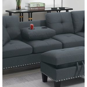 Set Divano Sezionale 3 Pezzi in Tessuto Lino Color Carbone per Soggiorno, Include Divano LAF, Chaise Longue RAF, Pouf Contenitore e Portabicchieri - Product Image 4