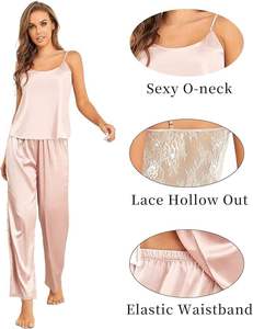 Conjunto de pijama de satén con encaje para mujer, dos piezas, camisola y pantalones anchos, ropa de dormir - Product Image 2