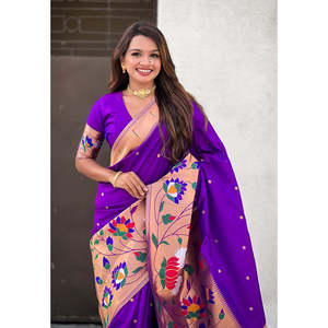Elite Weaves <b>Purple</b> Paithani Silk <b>Saree</b> with Half-Half Concept Big Border Zari Woven Indian & Pakistani Clothing 700g - Product Image 2