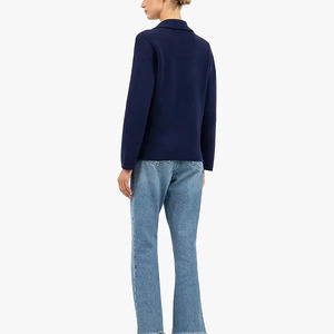 Poncho pour femme en laine bleu marine, couleur unie, tricoté à la machine, col écharpe, sans manches, style minimaliste, pour l'automne - Product Image 5