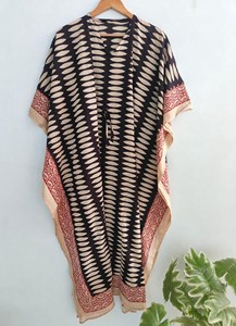 Vestido Kaftán Largo Holgado para Mujer, Estampado a Bloques Negro, 100% Algodón, Ropa de Resort, Vestido Holgado de Verano - Product Image 5