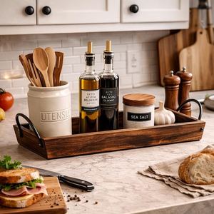 Bandeja Organizadora de Cocina de Madera Maciza de Acacia Premium con Asas de Metal Negro, Hecha a Mano, Moderna, Decorativa, para Almacenamiento, para Bodas - Product Image 5