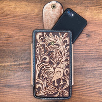 Funda de Cuero Genuino de Lujo para Celular Estilo Vaquero Occidental con Pelo de Vaca Metálico y Pasador para Cinturón de Alta Calidad y Personalizada