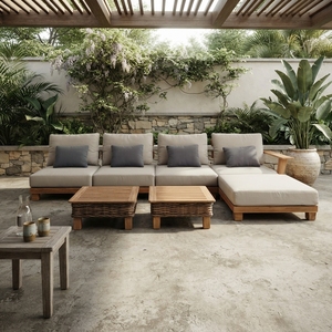 Outdoor Teak Wood Sectional <b>Sofa</b> Set Woven Wicker Coffee Table Modular Patio Lounge Cushion <b>Sofa</b> <b>Bed</b> Ottoman Setup Art - Product Image 3