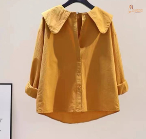 Blusa con cuello para mujer, corte holgado, manga tres cuartos, algodón, informal, primavera, verano, color liso - Product Image 6