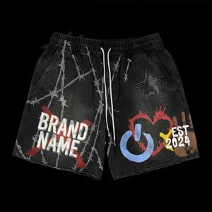 Shorts homme en molleton de coton 300 GSM de haute qualité, effet délavé noir, imprimé graphique, logo personnalisé, coupe décontractée. - Product Image 2