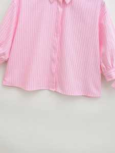เสื้อเชิ้ตผ้าทอลายทางสีชมพู ปกพับได้ แขนสั้น ทรงหลวม สำหรับผู้หญิง สวมใส่สบายๆ ในชีวิตประจำวัน เสื้อผ้าลำลองสำหรับผู้หญิง - Product Image 5