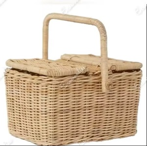 Vintage Wicker <b>Bamboo</b> Wooden Picnic <b>Basket</b> With Handle Rectangle Shape Double Lid Handcrafted Storage <b>Basket</b> For Outdoor Use - Product Image 2