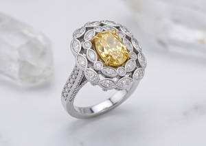 Anillo de Diamante Cultivado en Laboratorio con Corte Ovalado y Marquise en Color Amarillo Intenso con Halo para Mujer – Joyería de Compromiso Impresionante - Product Image 4