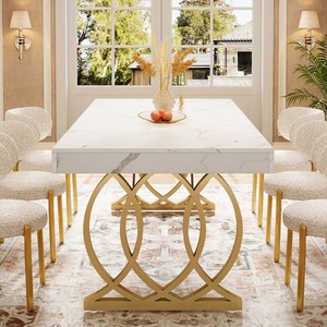 Mesa de Comedor Moderna de Lujo con Tapa de Imitación Mármol y Patas Metálicas Resistentes, Rectangular, Blanco Dorado, Estilo Contemporáneo para Hotel - Product Image 3