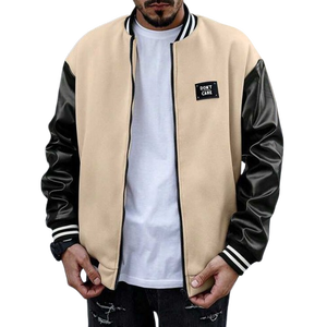 Chaqueta Acolchada de Béisbol Universitaria Beige y Negra Unisex, 100% Algodón, Mangas de Cuero Sintético, Ribete Acanalado, Cierre de Cremallera Frontal, Ropa Urbana de Invierno - Product Image 1