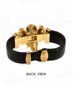 Haute joaillerie elephant <b>bracelet</b> in 18K yellow gold with pave diamonds emerald centerpiece and black <b>leather</b> strap luxury - Product Image 6