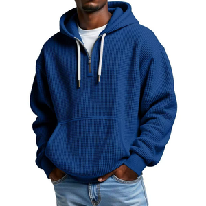 Sweat-shirt à capuche mi-zippé en tricot gaufré bleu marine pour homme, coupe oversize décontractée avec poche à cordon - Product Image 1