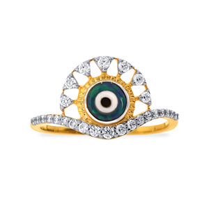 Anillo de Oro Amarillo de 14K con Ojo Turco y Detalles de Diamantes, Anillo de Ojo Turco con Diamantes Brillantes, Joyería de Protección de Oro de 14K - Product Image 4