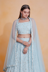 <b>Light</b> Blue Georgette Lehenga Choli Set Zari Sequence Embroidered Semi Stitched <b>Net</b> Dupatta Wedding Party Wear - Product Image 5