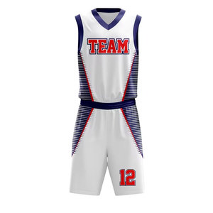 Ensemble d'uniformes de basketball personnalisés par sublimation pour équipe 12, blanc, rouge, bleu, maillot sans manches col en V, short, anti-humidité, adulte unisexe - Product Image 2