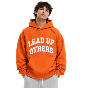 Men's Oversized French Terry Hooded Sweat Shirt Chenille Embroidery <b>Fleece</b> <b>Hoodie</b> Distressed Hem Casual Winter Pullover <b>Hoodie</b> - Product Image 1