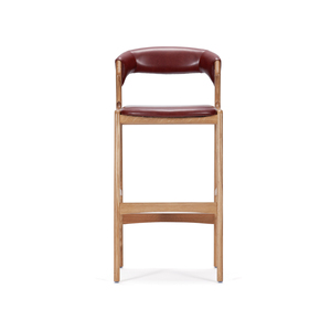 Chaise de bar moderne de style mid-century avec accoudoirs fixes, siège et dossier en cuir rouge, structure en bois massif - Utilisation commerciale et domestique - Product Image 2
