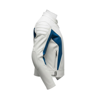 Jaket Motor Kulit PU Pria Warna Putih Biru Model Color Blocking Kerah Tegak Ritsleting Slim Fit Gaya Biker untuk Musim Semi
