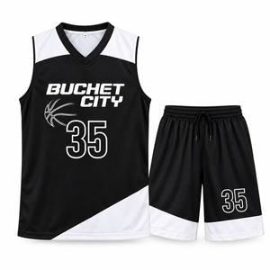 Wholesale Best Quality Classic Basketball Jerseys <b>lack</b> White Basketball Uniform Set Sleeveless V Neck Jersey <b>Shorts</b> - Product Image 1