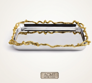 Artisanal ACME METAL INDIA Polished Silver <b>Serving</b> <b>Tray</b> With <b>Gold</b> Twisted Edge Elegant Rectangular Design For Residential Use - Product Image 1