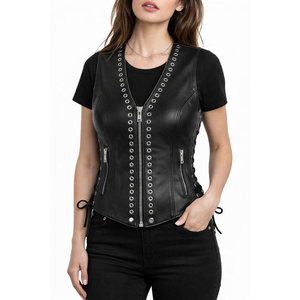 Women's Genuine <b>Leather</b> Motorcycle Vest Stylish V-Neck Biker Outerwear <b>Sleeveless</b> Zipper Closure Waterproof Windproof Fashion - Product Image 5