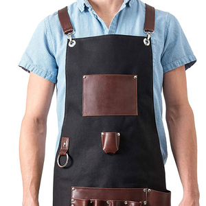 Unisex Black Twill Chef Uniform Bib Apron with Brown Leather Pockets <b>Adjustable</b> <b>Straps</b> for Restaurant & Bar Use - Product Image 6