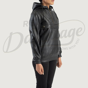 Chaqueta Anorak de Cuero Genuino Negra para Mujer, con Capucha, Corte Ajustado, Premium, Media Cremallera, Estilo Urbano, Cortavientos, Sudadera con Capucha de Moda - Product Image 4
