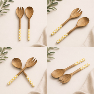 Juego de servidores de ensalada de madera de mango artesanal con mango esmaltado a cuadros amarillos, cuchara y tenedor de madera ecológicos - Product Image 5