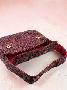 Sac à bandoulière bohème perlé bordeaux, pochette de soirée géométrique brodée, sac à main de luxe pour la vente en gros avec fermeture éclair - Product Image 6
