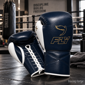 Gants de boxe en cuir Fly pas chers, vente en gros, gants d'entraînement lacés, bleu, blanc, logo or, équipement de boxe pour adultes - Product Image 4