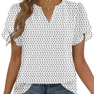 Camisas de chifón para mujer con estampado geométrico moderno, manga corta, plisadas, sin arrugas, ligeras, de poliéster. - Product Image 1