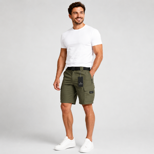 Short cargo uni olive pour homme Webson, taille mi-haute élastique, respirant, style décontracté urbain, 100 % coton - Product Image 1