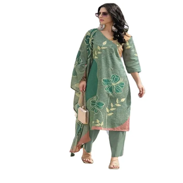 Exotische Damescollectie Voor Feestelijke Kleding Gestikt Linnen Met Schiffli Werk Kurti Met Pent & Dupatta Wholesale Rate Van India