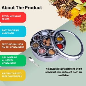 Caja de Especias de Acero Inoxidable con 9 Recipientes Individuales con Tapa de Vidrio, Contenedor de Condimentos, Masala Dani Dabba, Estante para Especias, Precios de Fábrica - Product Image 3