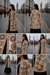 Women's Winter <b>Jacket</b> with Hand Embroidered Suzani Design <b>White</b> Fabric Bridesmaid Gift or Women's Clothing OEM ODM Bulk Sale - Product Image 3