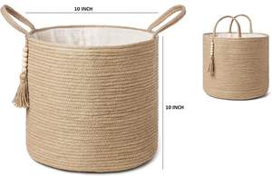 Panier de rangement tressé avec décorations en perles de bois, en corde de jute naturelle, avec poignées, pour couvertures, jouets, vêtements, plantes - Product Image 5