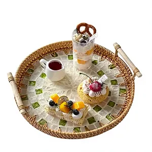 Round Rattan <b>Storage</b> <b>Tray</b> With Mosaic Design Bohemian Style Decorative Organizer for Table Use - Product Image 1