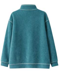 Sweat-shirt surdimensionné en polaire vert sarcelle pour femme, col à boutons, poche kangourou, épais, fabriqué sur mesure - Product Image 2